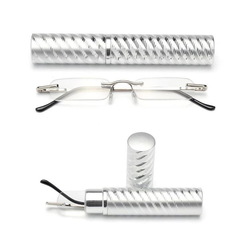 Mini Portable Reading Glasses Small Metal Rimless Presbyopic Eyewear With Pen Tube Case +3.5 +4