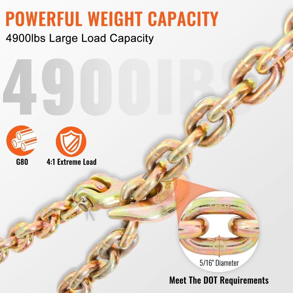 Transport Binder Chain, 4900 Lbs Working Load Limit, 5/16'' X 20' G80 Tow Chain Tie Down with Grab Hooks, DOT Certified, Galvanized Coating Manganese