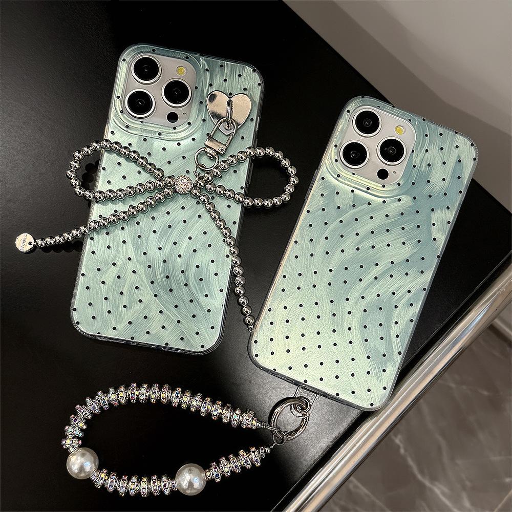 Mint Green Polka Dot Mobile Phone Case Suitable for 15promax Feather Iphone13 Bow Chain 16 Apple 14 Hard