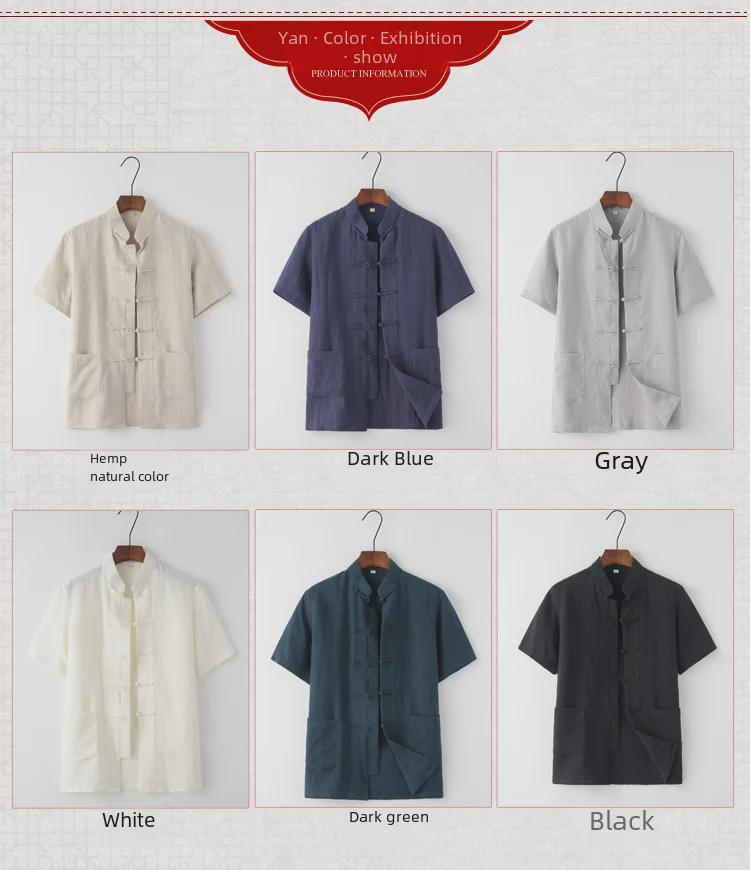 Men's Summer Thin Linen Tang Suit - Short-Sleeved Top for Middle-Aged & Elderly