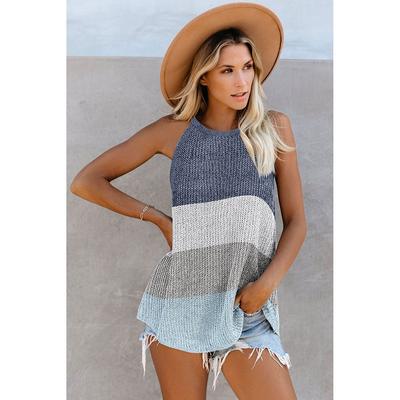 Women Fashion Knit Tank Tops Summer Halter Sleeveless O Neck Femme Vest Top Casual Loose Stripe Color Collision Beach Tank Plus Size(S-3XL)