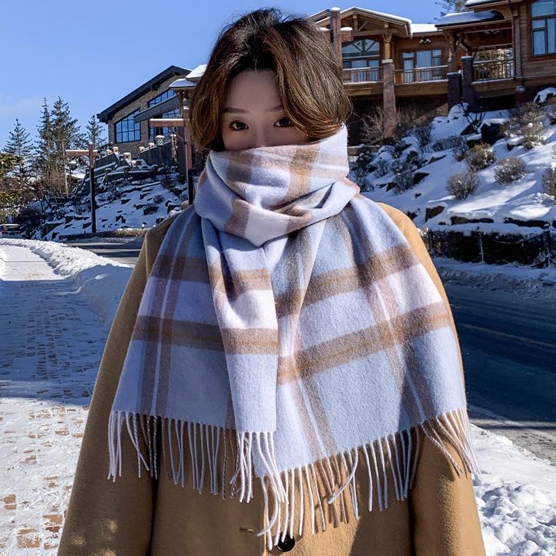 Blue wool scarf women's winter plaid new high-end feeling to give girlfriend girl gift scarf