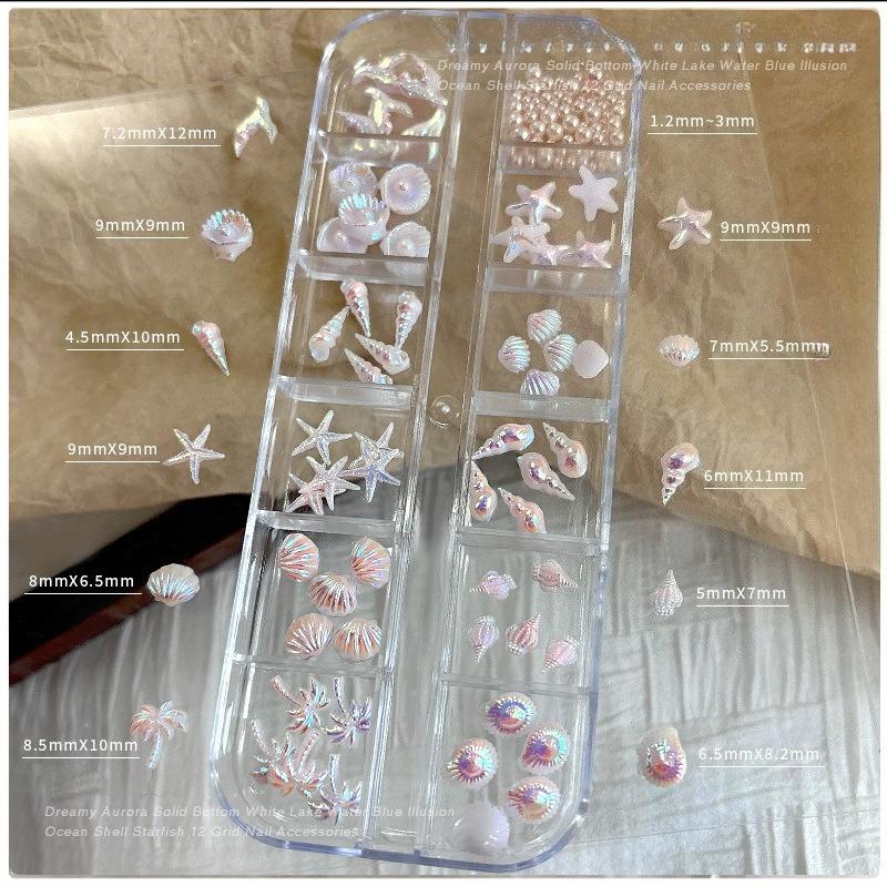 12 Grids Aurora Ocean Nail Charms Set Mermaid Seashell Starfish 3D Nail Art Rhinestones Decoration