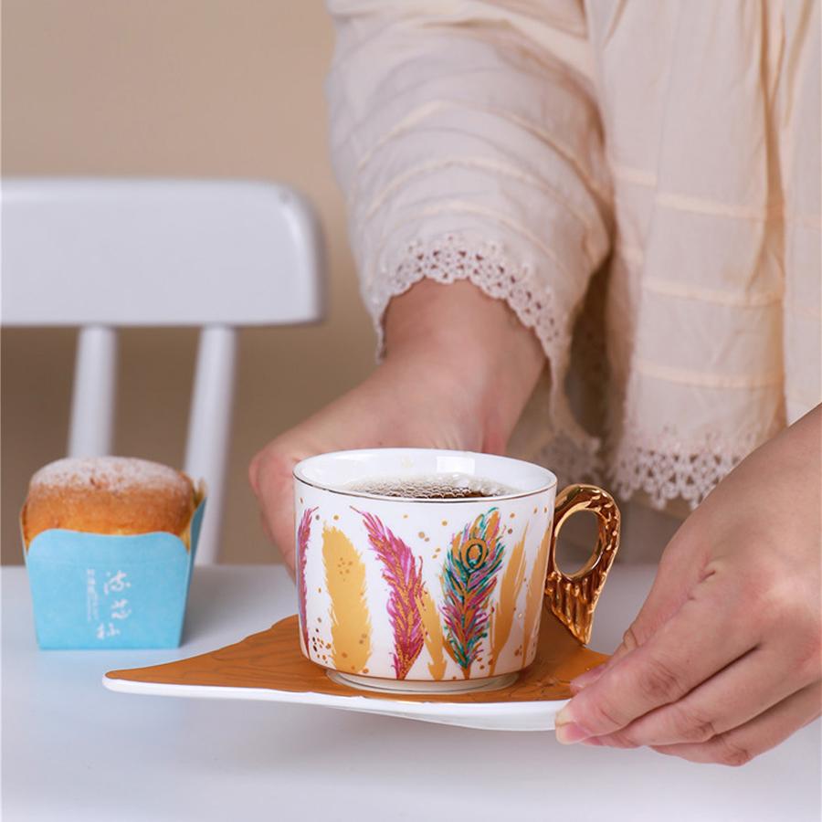 Personality European Lovely Feather Pattern Style Coffee Mugs Ceramic Home Office Milk Water Tea Cup + Saucer Plate Dish Set