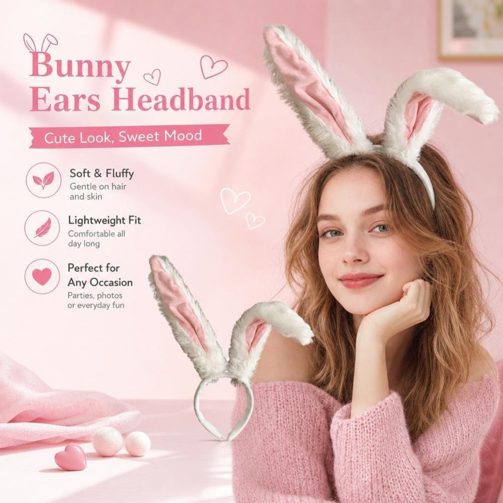 Bunny Ears Headband, Soft-Touch Easter Headband for Themed Party Birthday Costume, Cute and Quirky Cosplay Headwear