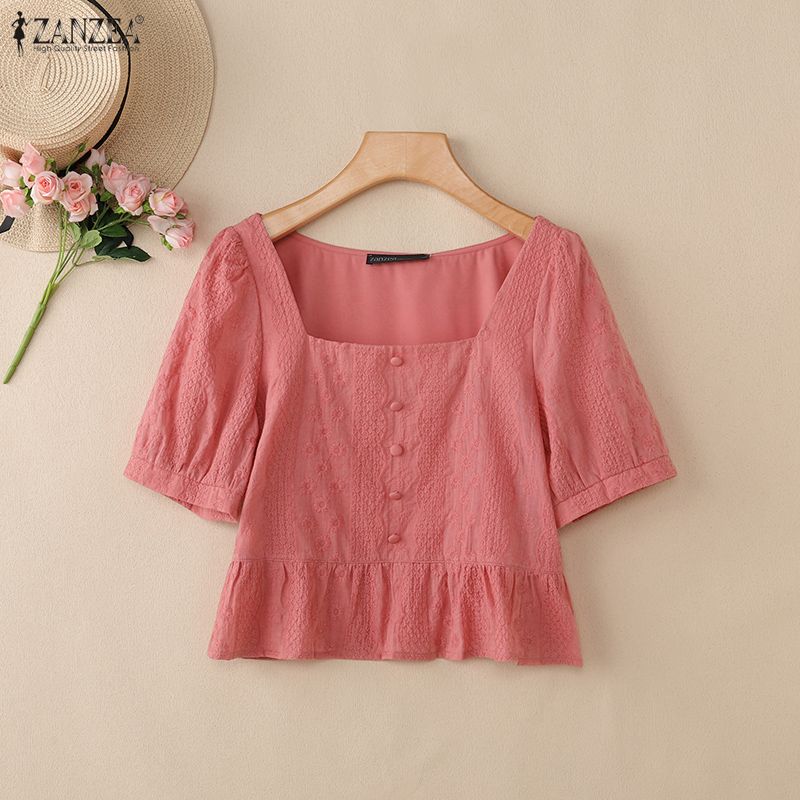 ZANZEA Women Square Collar Summer Embroidery Casual Short Sleeve Blouse