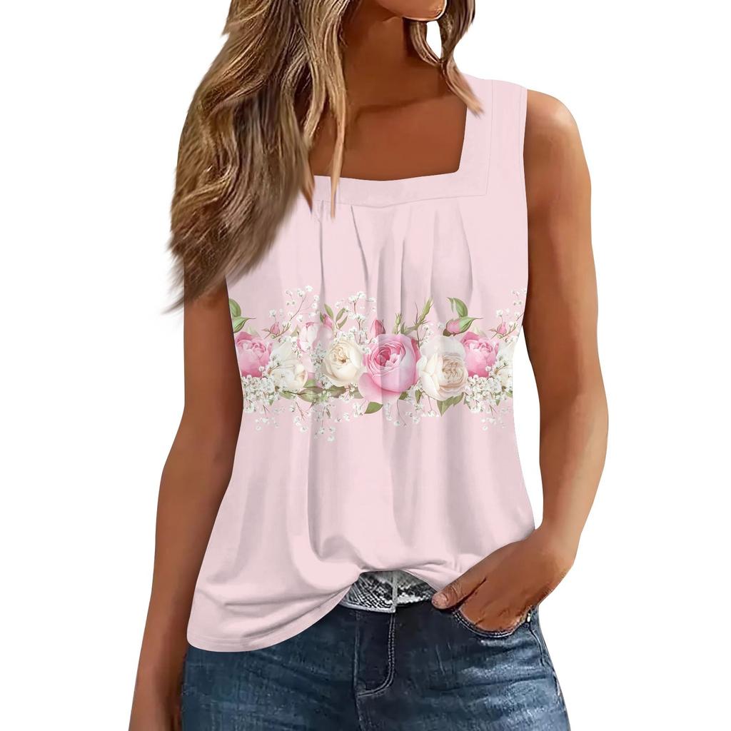 Women's Pleated Square Collar Sleeveless Vest Print T-shirt