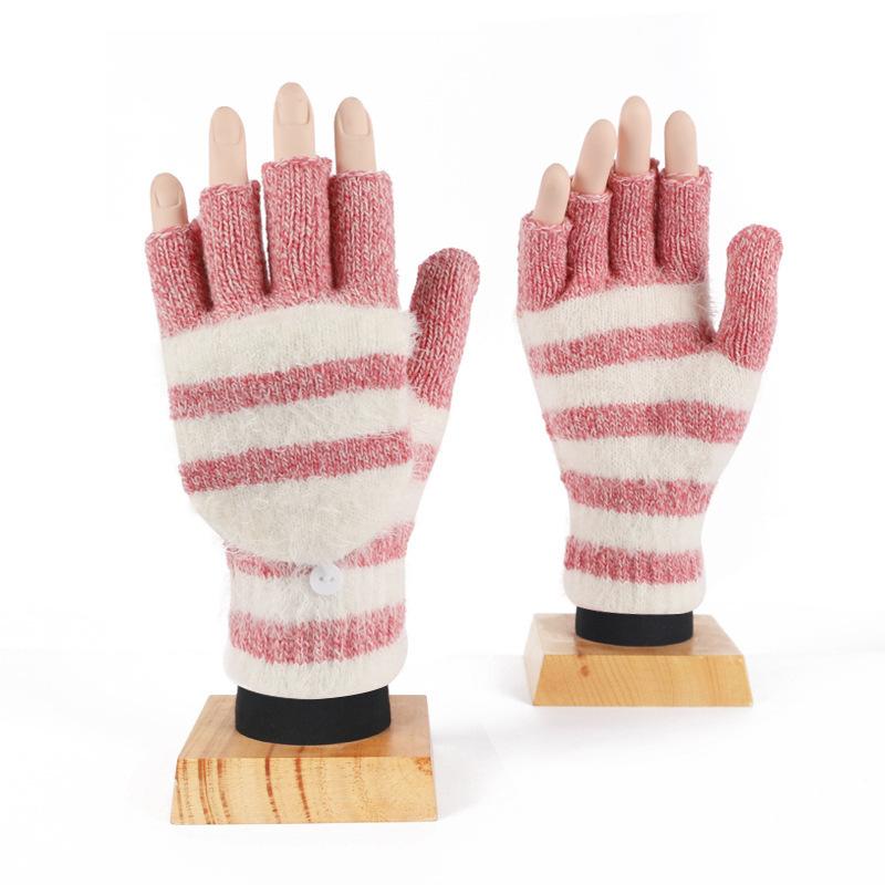 Autumn and Winter Couple Gloves Men and Women Thick Imitation Cashmere Gloves Women Striped Half Finger Gloves Touch Screen Two Fingers Office Writing