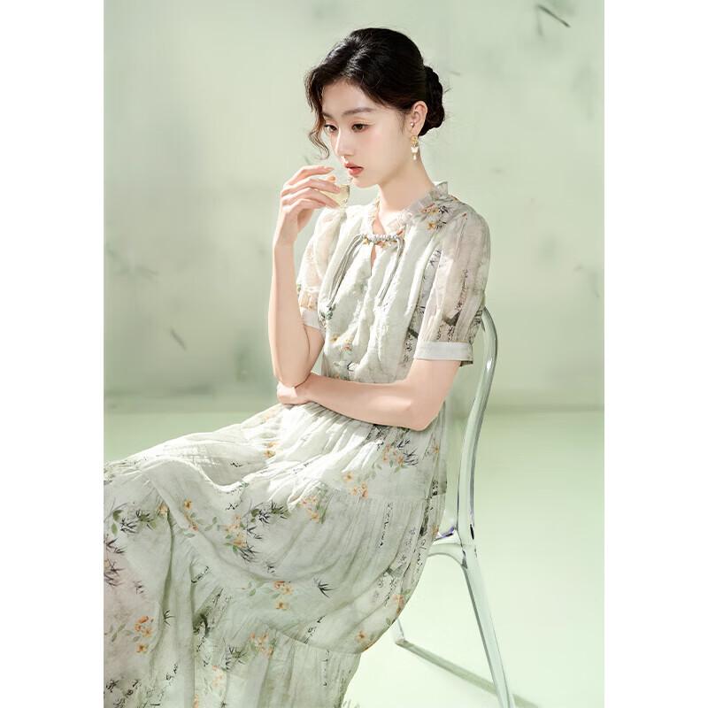 Xiangying New Chinese Style Floral Puff Sleeve V-Neck Dress S