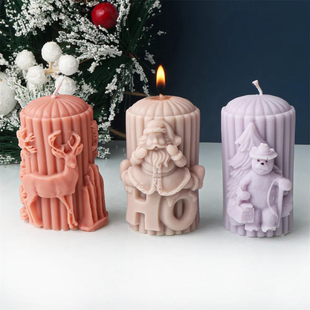 DIY Santa Claus Reindeer Cylindrical Candle Silicone Mold Hat Bear Christmas Tree Relief Cylindrical Candle Mold Christmas Gift
