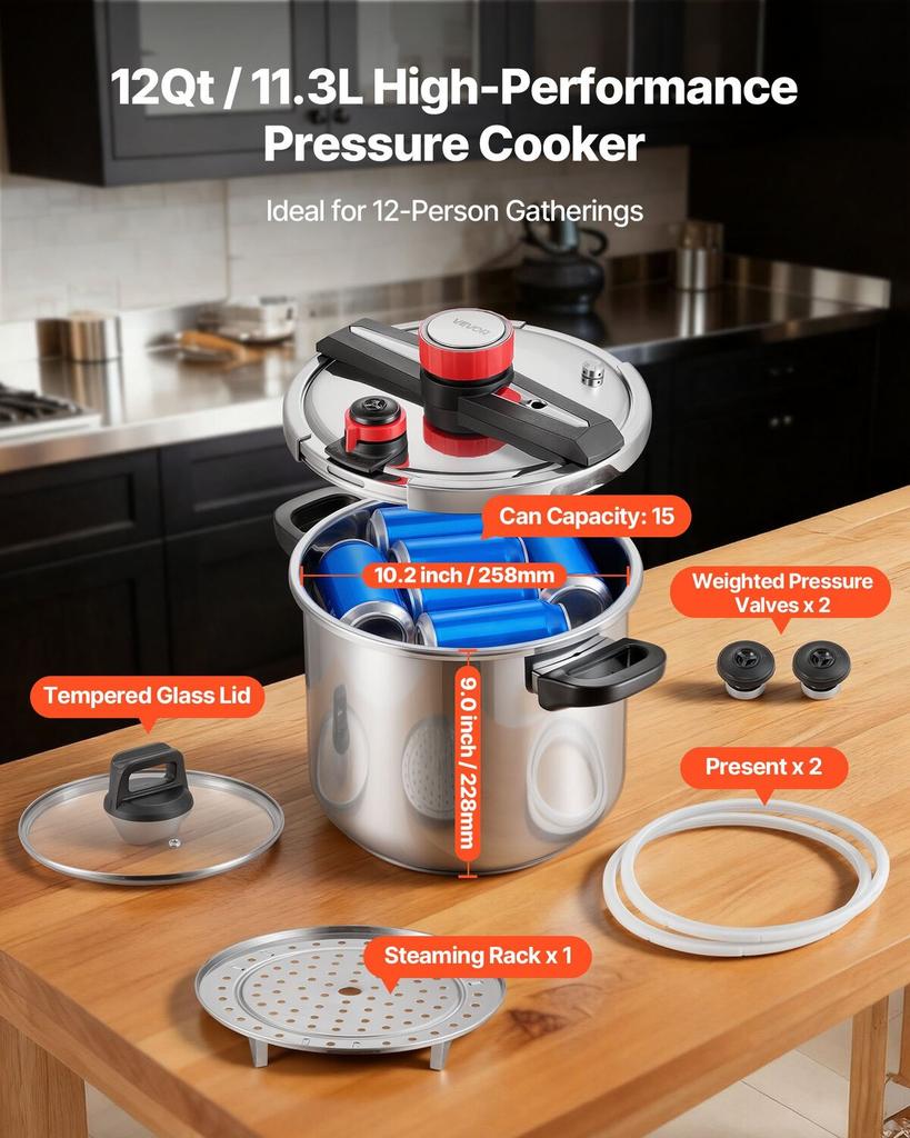 Pressure Cooker, 11.3L Pressure Cooker Stainless Steel, Pressures Canner with Steaming Rack, Tempered Glass Lid, Three Pressures Settings for Meat,