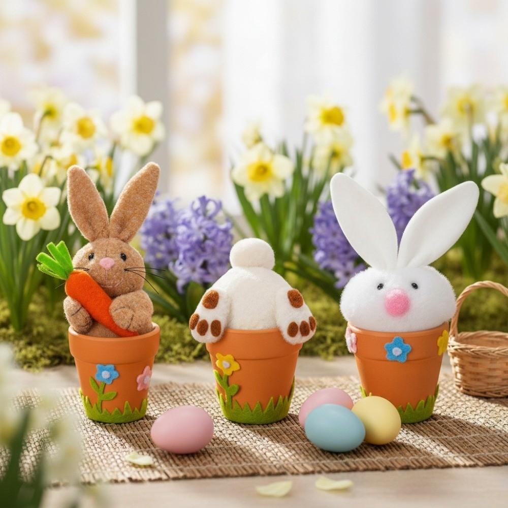 Realistic Flower Pot Ornament Cartoon Easter Bunny Statue Mantel Fireplace