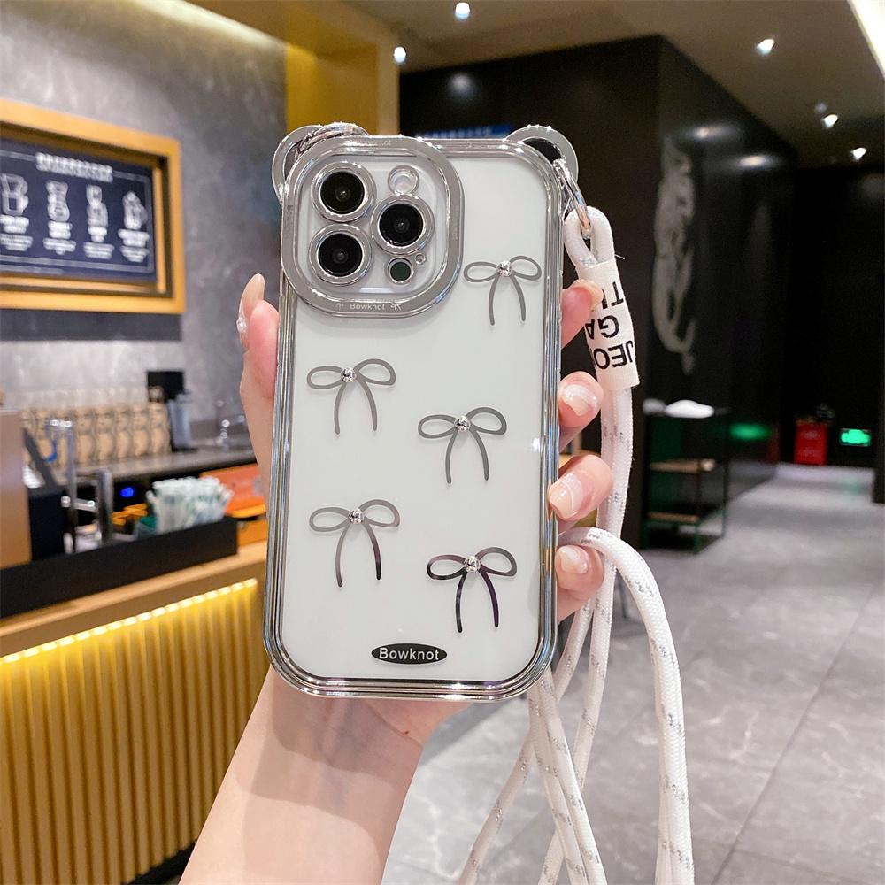 

Cute Bear Ear Plating Case For iPhone 11 13 14 Pro 15 Pro Max 12 X Xs Max 7 8 Plus Crossbody Necklace Strap Bow knot Clear Cover For iPhone 15