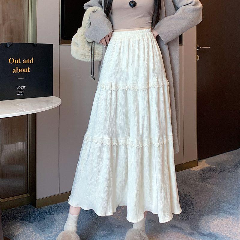 Women's Spring/Summer Lace Corduroy Pleated Midi Skirt