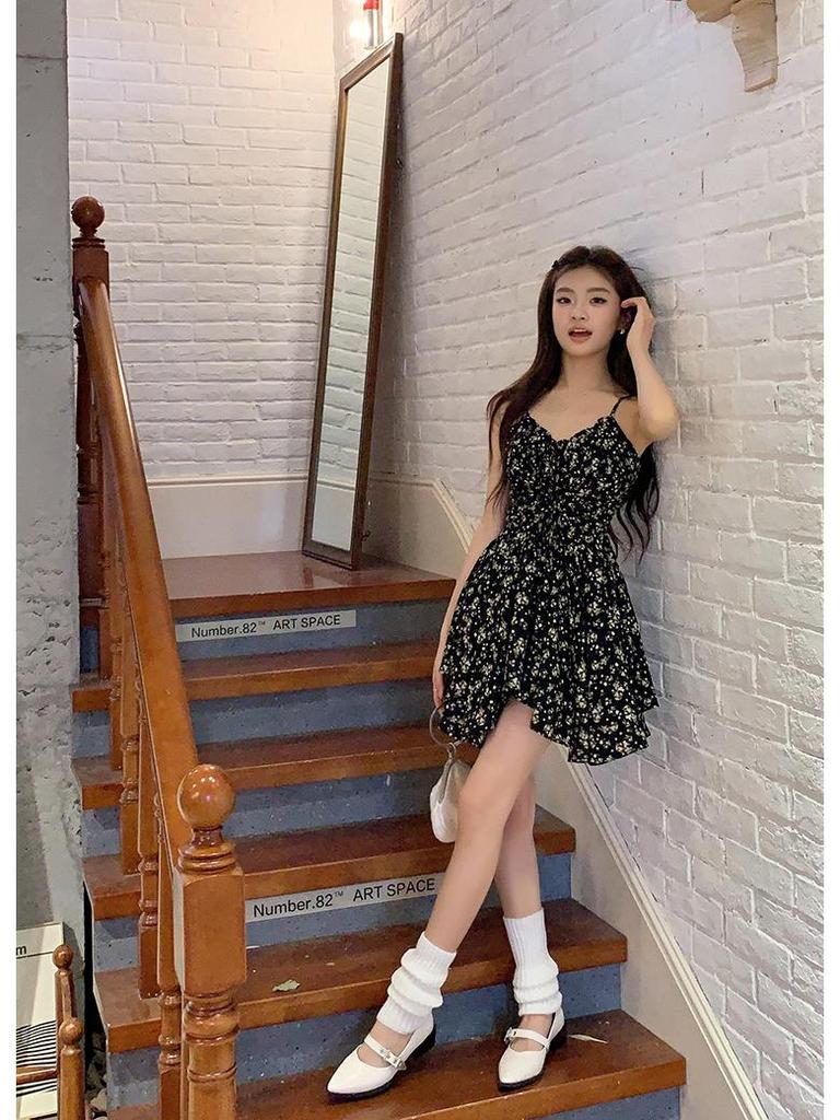 Spring/Summer 2026 Black Floral Tea Dress - Women's Short Camisole Skirt