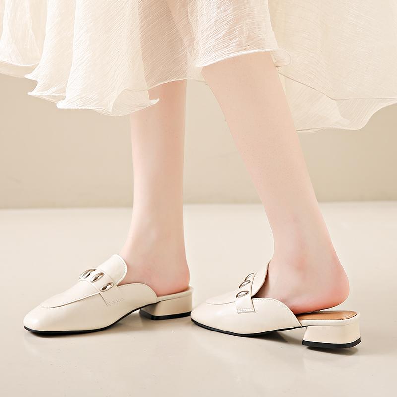 Women Slippers Casual Female Shoes Cover Toe Low Heels Slides Square heel Luxury 2024 Block Rome Rubber Fabric Fashion Hoof Heel