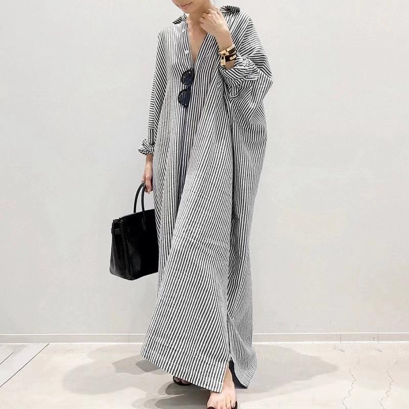 Women's Long Skirt, Striped Straight Tube Skirt, Shirt Skirt, Loose Jacket, Seven Quarter Sleeve Dress
