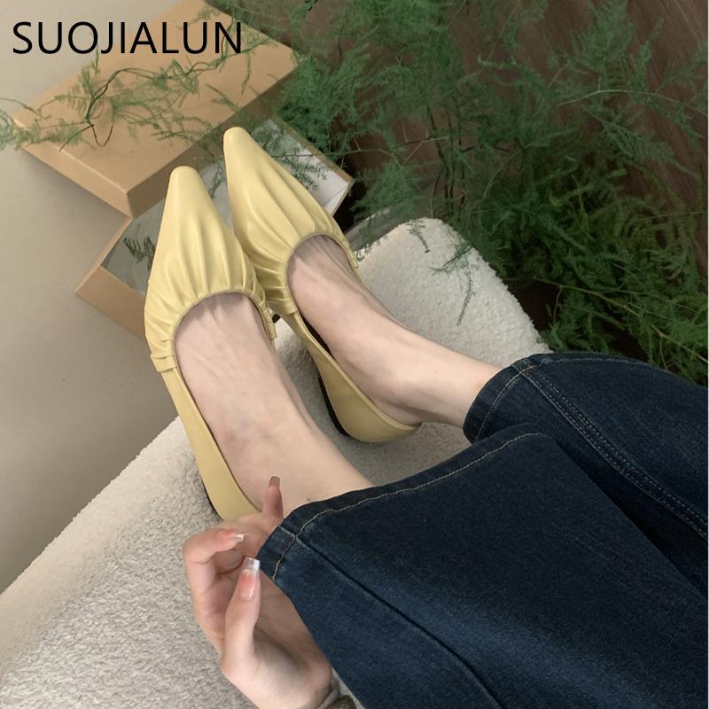Fashion SUOJIALUN Spring New Brand Women Flat Shoes Fashion Pleated Ladies Elegant Boat Shoes Pointed Toe Shallow Slip On Single Shoes