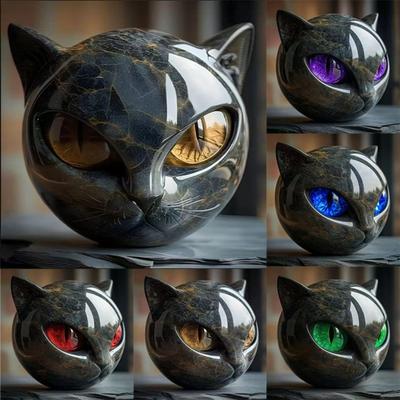 Resin Black Cat Stone Sculpture Hand-Carved Crystal Healing Luxury Black Cat Figurine Healing Stones Elegant Black Cat Figurine