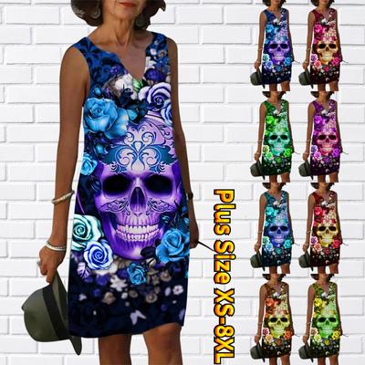 Women V Neck Summer Blue Skull Head Print Dress Casual Sleeveless Fashion Casual Loose Sexy Dresses Plus Size XS-8XL