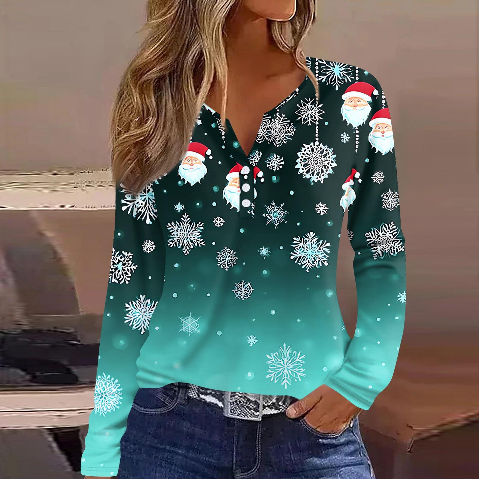 

Женская футболка Футболка Рождественский принт Пуговица Длинный рукав Туника Повседневная Мода для выходных Базовая С V-образным вырезом Обычный топ S циан
