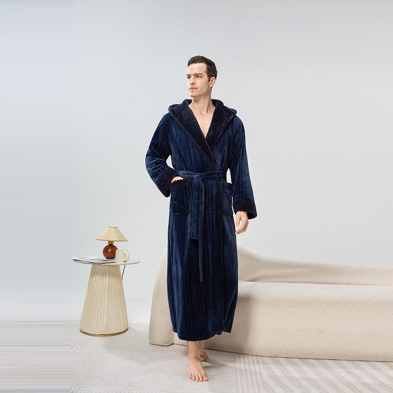 Cozy Couple Jacquard Fleece Long Robe - Hooded Autumn/Winter Bathrobe for Men & Women