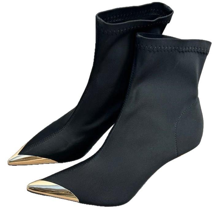 Metal pointed high-heeled elastic thin boots women's 2025 autumn new fashion versatile black temperament short boots stiletto