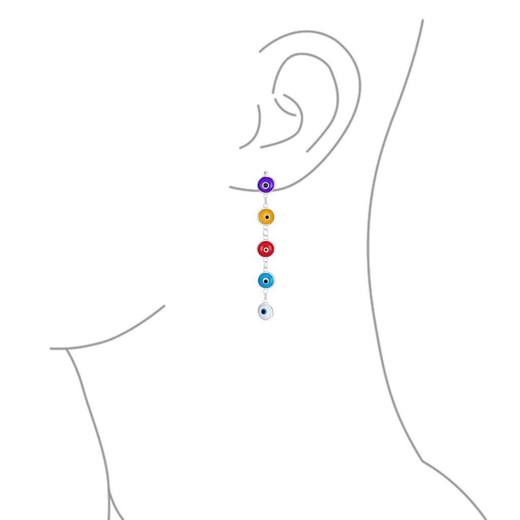 Protection Long Straight Evil Eye Dangle Drop Glass Sterling Silver Made in Turkey for Women and "Spiritual 2.5" Multi-Colored Earrings. .925 Teens."