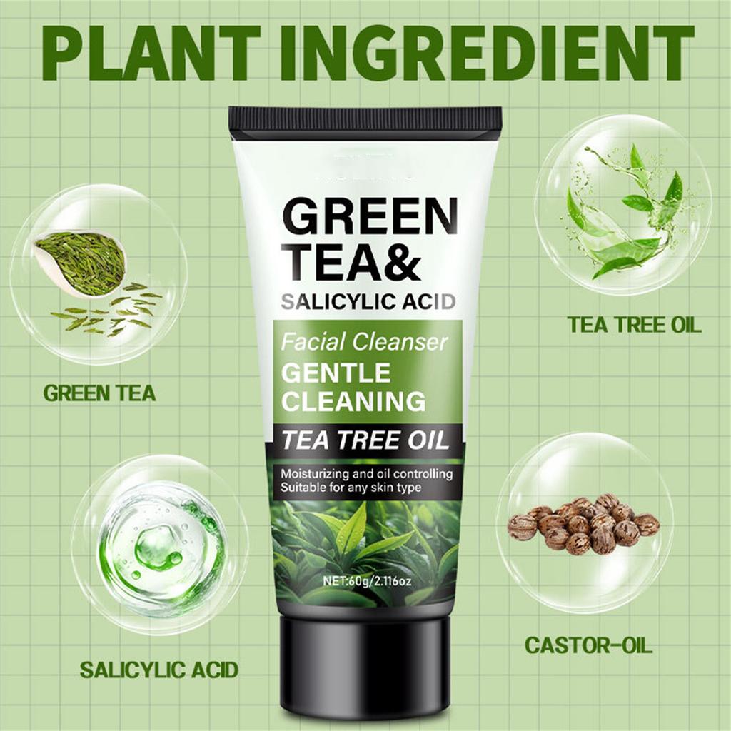 Green Tea & Salicylic  Facial Cleanser - 60g, Deep Cleanse With Hyaluronic , Gentle & Moisturizing, Ideal For -Prone, Oily, And Combination Skin