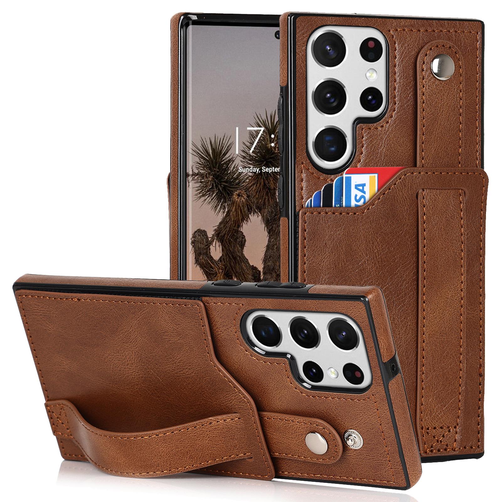 

PU Leather Case for Samsung Galaxy S24 Ultra Shell Retro RFID Blocking Wristband Phone Cover Brown