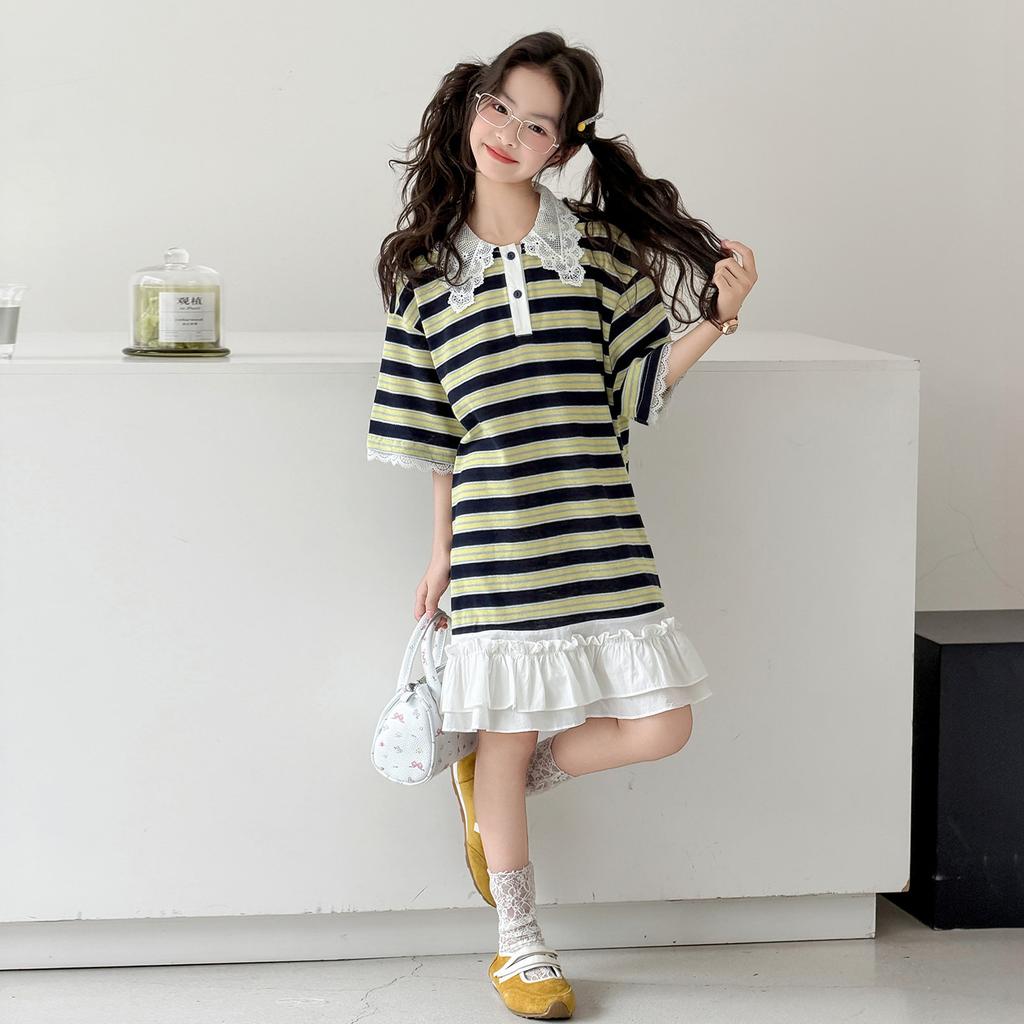 Girls' dress summer 2026 new children's striped summer dress, mid size children's half skirt, girls' T-shirt dress trend