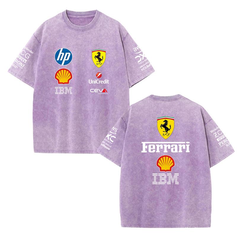 Vintage Washed Black Ferrari F1 Racing T Shirt Oversized Short Sleeve Tee Retro Motorsport Sponsor Logo Print Casual Streetwear Loose Top