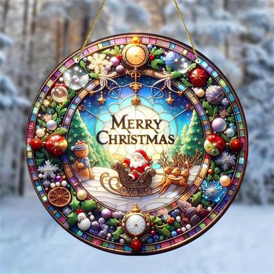 Santa Claus Sun Catcher Acrylic Stained Glass Window Hanging for Christmas & Winter Decor Wall Art Aesthetics Outdoor Garden, Novelty Home Decor