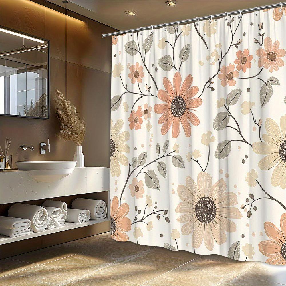 Blumen-Duschvorhang - Pfirsichfarbene & Beige Blumen, Cremefarbener Hintergrund, Minimalistisches Polyester, Waschmaschinenfest, Ganzjahres-Badezimmer