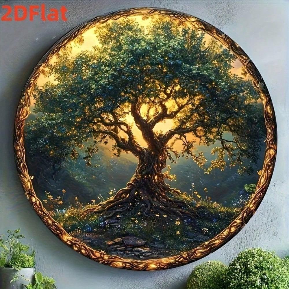 Vintage Tree of Life Wall Art Round 8x8 Inch Mandala Wood Decor Golden Leaves Sunlit Forest Handmade Bohemian Hanging