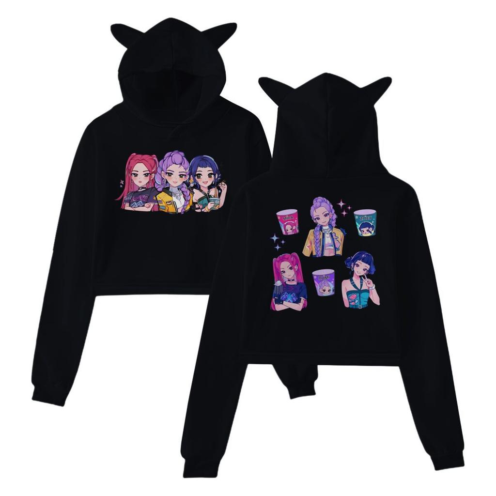 Hot Anime Kpop Demon Hunters Print Hooded Fashion Women Girl Sweatshirt Cropped Hoodies Casual Tops Harajuku Cat Ear Sweatshirt