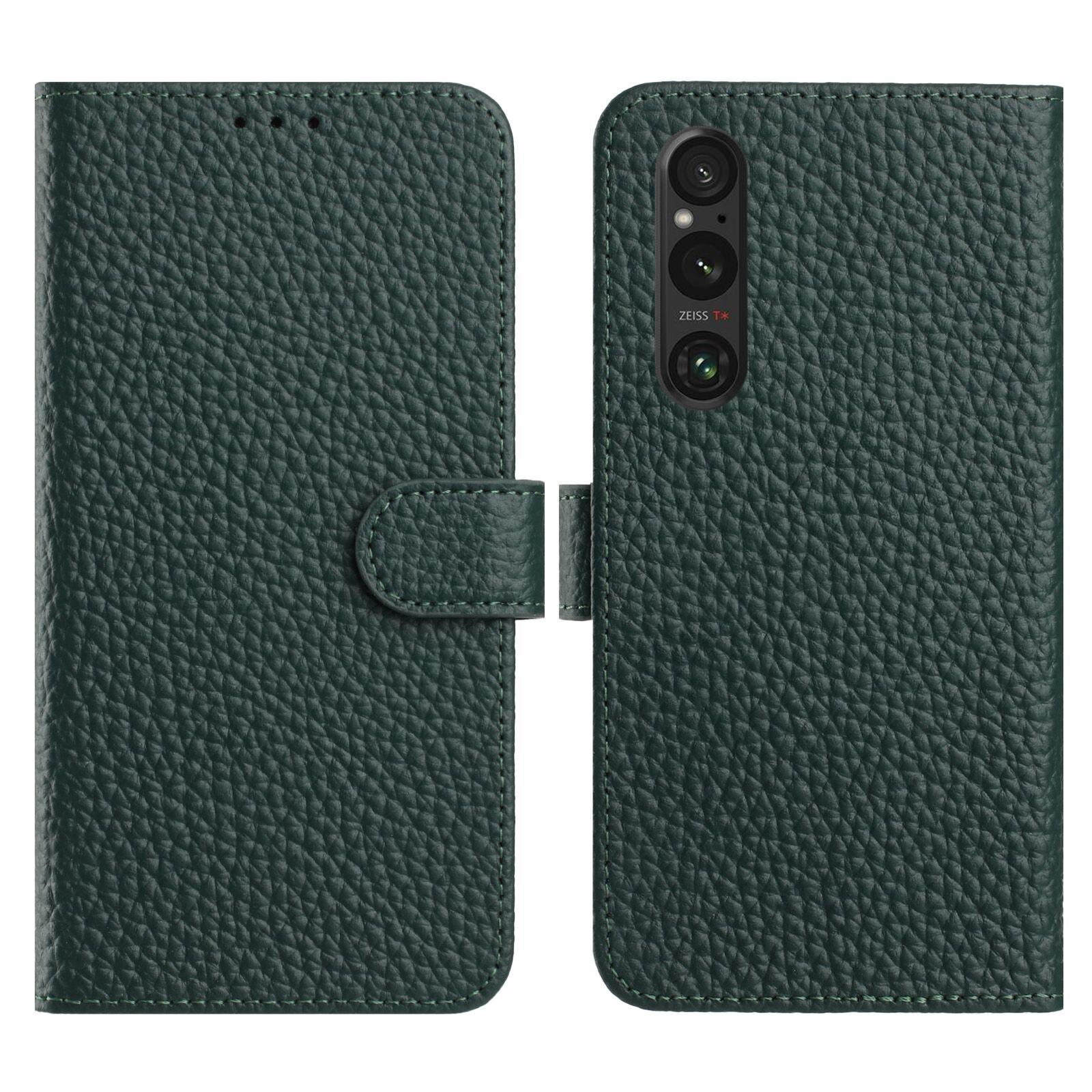 

For Sony Xperia 1 V Case Wallet Stand Litchi Texture Genuine Cow Leather Flip Phone Cover Green