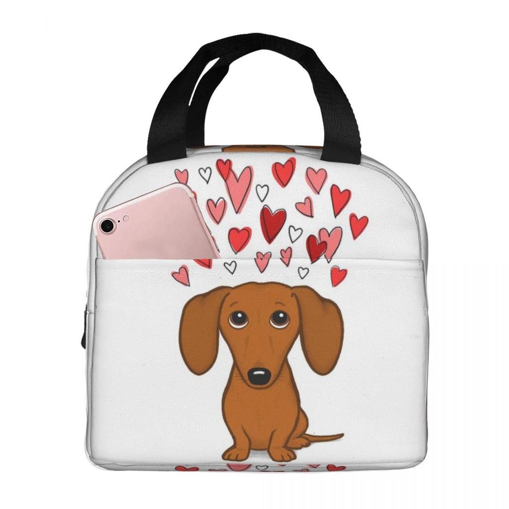 Perro Salchicha de Dibujos Animados con Corazón de Amor Bolsa de Almuerzo Aislada para Mujeres Niños Cajas de Comida Portátiles Fiambrera Térmica Bolso de Mano