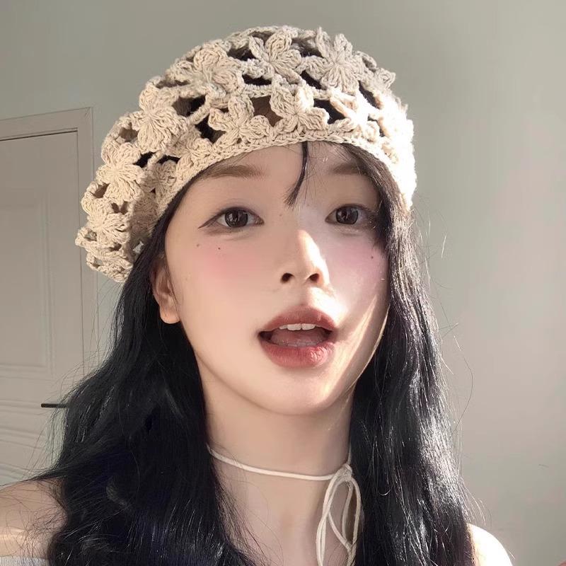 Dámský letní klobouk baret v japonském stylu, vintage, s dutým vzorem, tenký, ručně háčkovaný, Y2K, horká dívka, umělecký klobouk