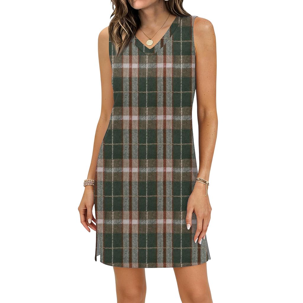 Women's Casual V-neck Sleeveless Split Hem Plaid Print Dress