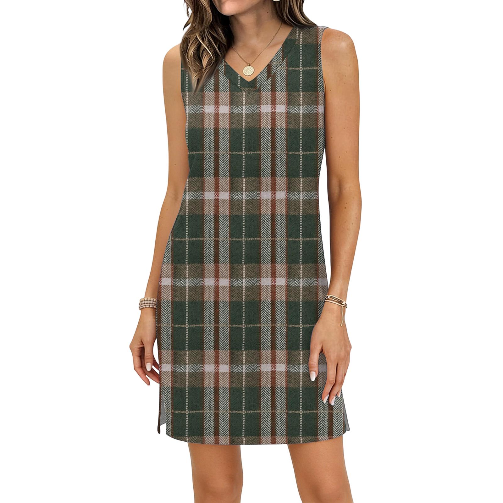 Women s Casual V-neck Sleeveless Split Hem Plaid Print Dress S