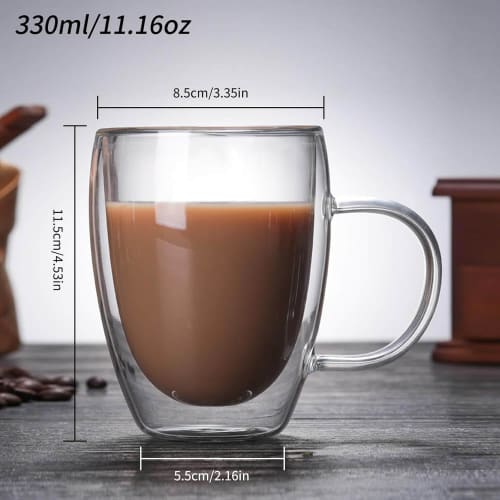Pokaro Tea Double-Walled Cups, Pair, with Handles, 330ml Full Capacity, Double-Walled, Heat-Resistant Glass Cups, Set of 2, Double-Layered Glass, Can