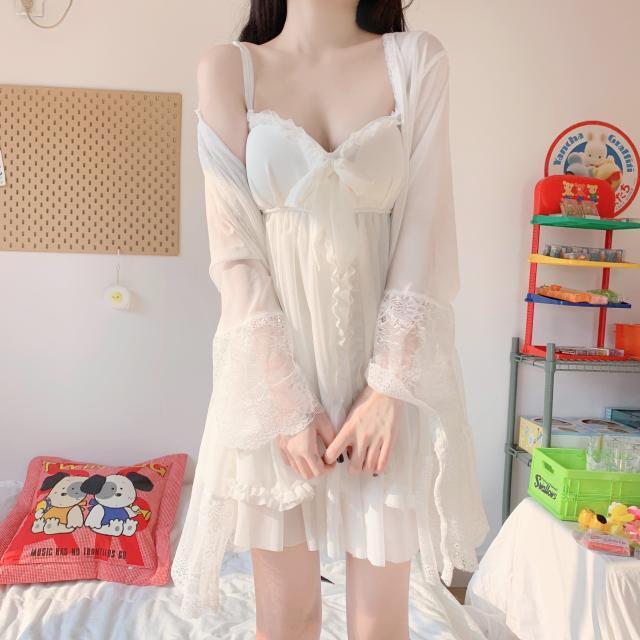 Summer Sexy Pajamas with Breast Pads Female Lace Pajamas Robe Gown Sexy Sleepwear White Lace Night Gown Lingerie for Women