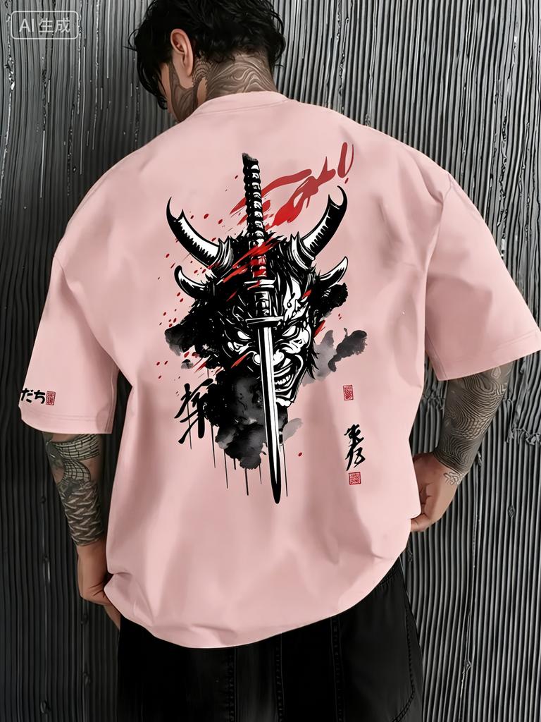 Summer Unisexs Samurai Pattern Printed Tshirt Youthful Fashion 100 Pure Cotton Breathable Roundneck Japanese Trendy Style