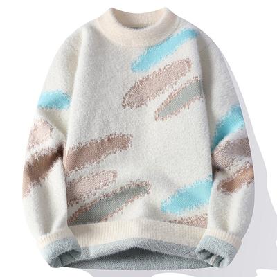 Autumn and Winter Contrasting Color Pullover Loose Letter Sweater Men's Round Neck Bottoming Shirt Men's Knitted Sweater Top