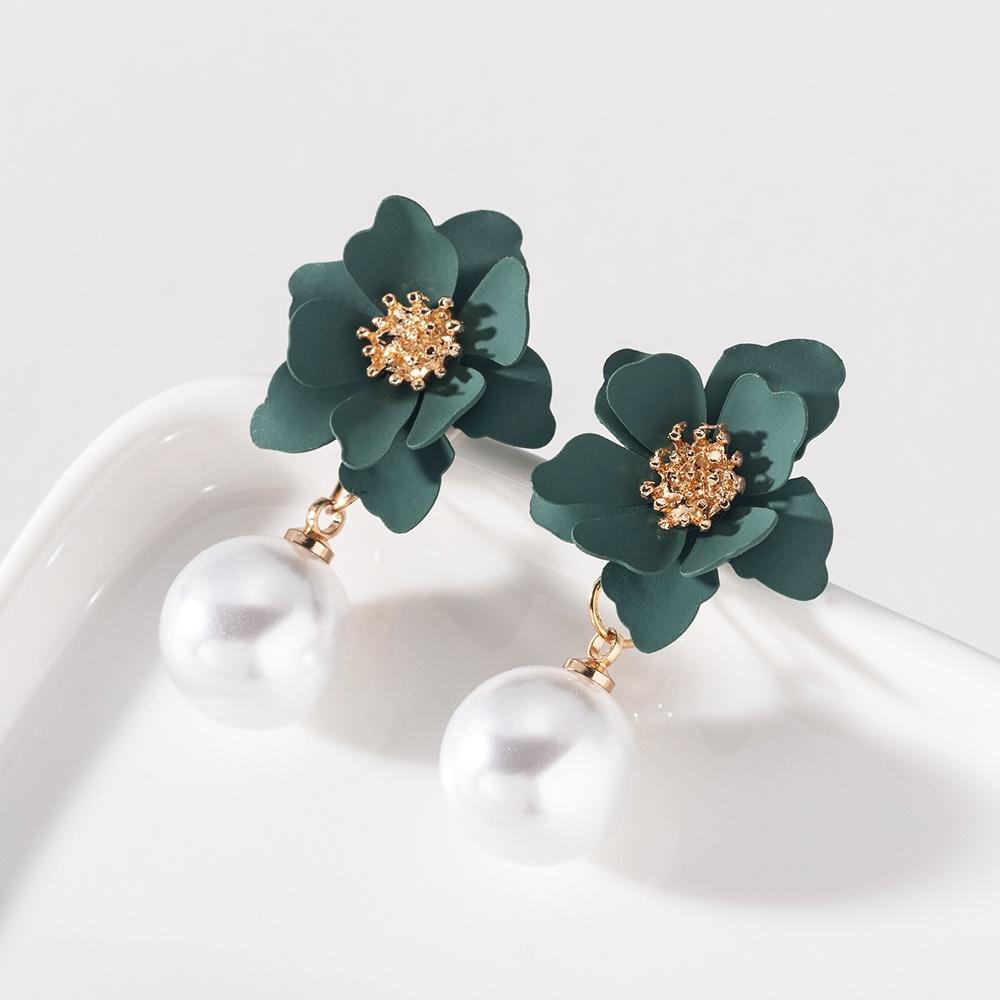 Yutsai Korean Flower Painting Earrings Imitation Pearls Alloy Stud Earrings Elegant Fashion Jewelry OG071