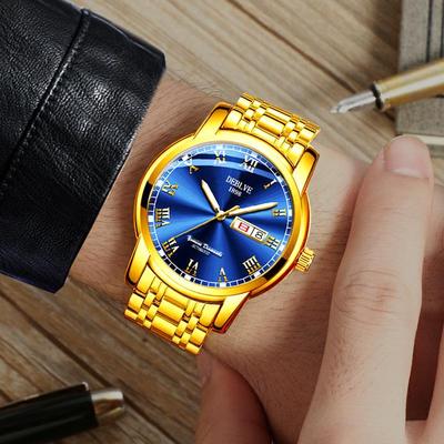 Men's Quartz Watch with Luminous Double Calendar, Waterproof, Stainless Steel Band, Ideal for Middle-Aged and Elderly.
