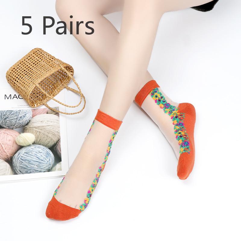 5 Pairs of Ladies Autumn Thin Floral Embroidered Glass Silk Clear Cotton Bottom Crystal Ice Stockings
