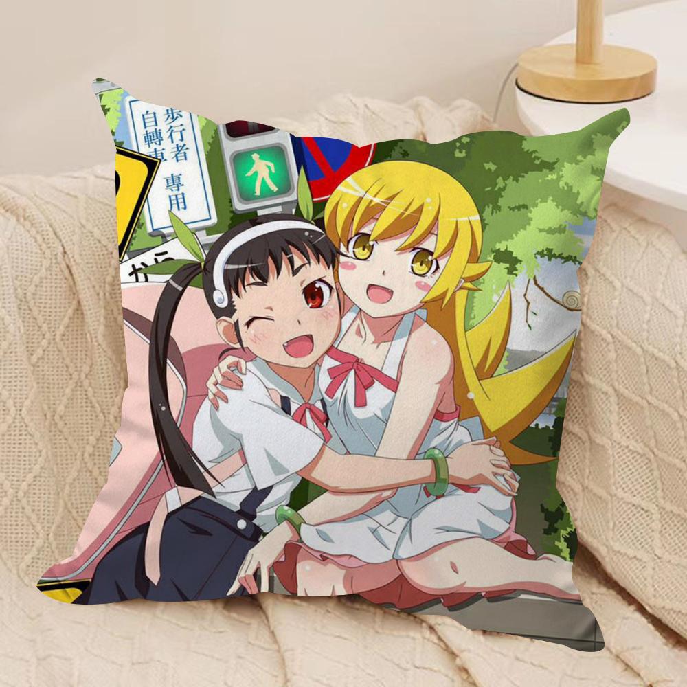 Cute O-Owarimonogatari Cushion Cover Silky Short Plush Double-Sided Printed Pillow Case for Sofa All Seasons Home Decor Gift