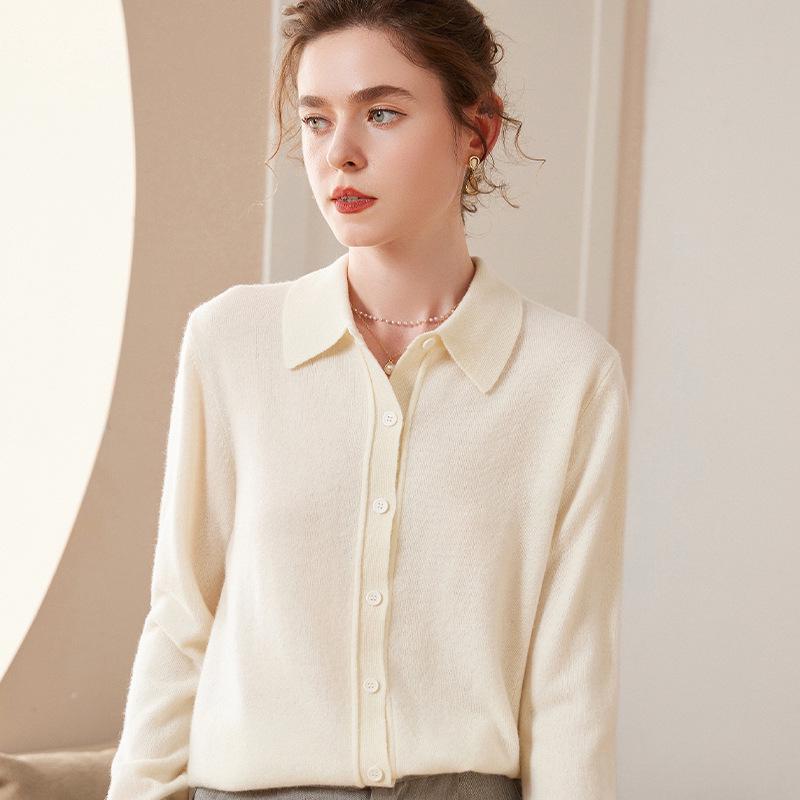 Women's Fashion Cashmere POLO Collar Long Sleeve Cardigan Sweater